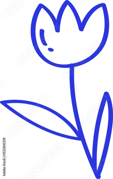 Fototapeta Stylized flower is using blue line art with three petals, stem  and  two leaves, transparent backgro