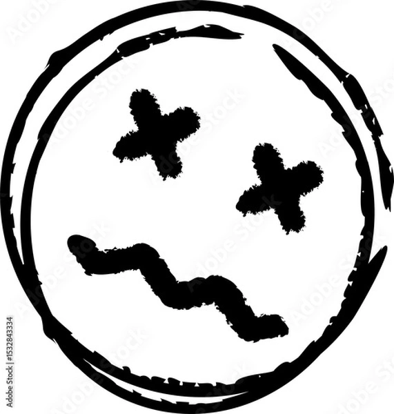 Obraz Hand-drawn doodle is showing dead face with X eyes, wavy mouth in strokes, transparent background
