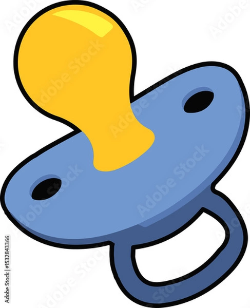 Obraz Cartoon pacifier is showing yellow nipple, blue guard, oval holes, blue handle on transparent layer