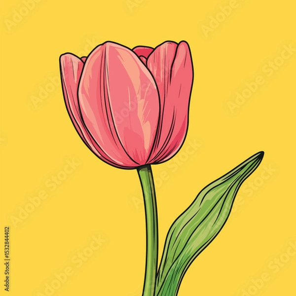 Obraz Vibrant Pink Tulip with Detailed Outlines and Green Leaf on Yellow Background