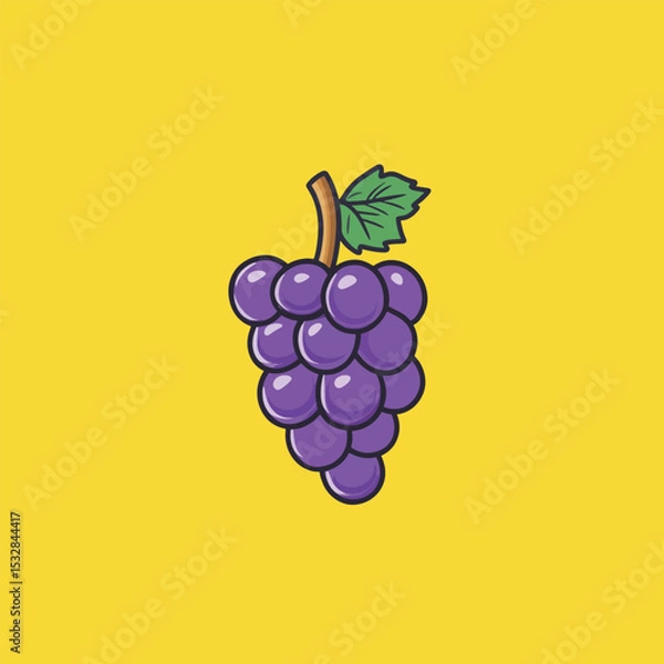 Obraz Vibrant Purple Grape Cluster with Green Leaf on Yellow