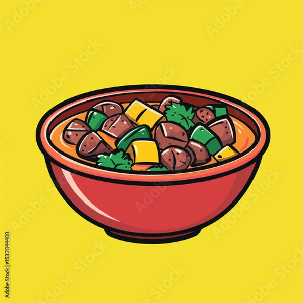 Obraz Vibrant Red Bowl of Savory Stew with Meat and Vegetables