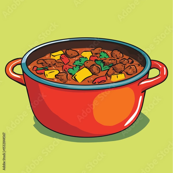 Obraz Vibrant Red Pot of Savory Stew with Yellow and Red Vegetables