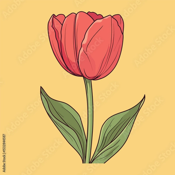 Obraz Vibrant Red Tulip with Detailed Outlines and Green Leaves on Yellow Background