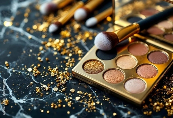 Obraz Golden eyeshadow palette with makeup brushes and glitter on dark marble background