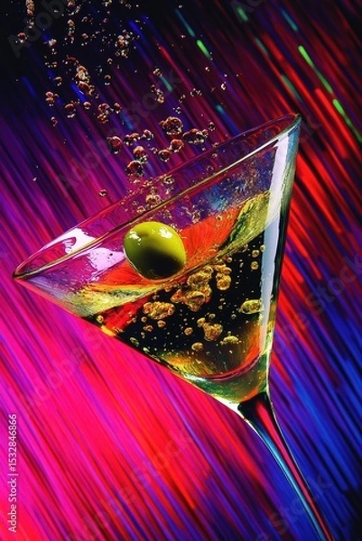 Obraz Dynamic pop art style image of a tilted martini glass with an olive and vibrant splash against a neon striped background