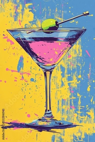 Obraz Pop art illustration of a martini glass with a green olive on a stick and pink cocktail against a vibrant splatter background