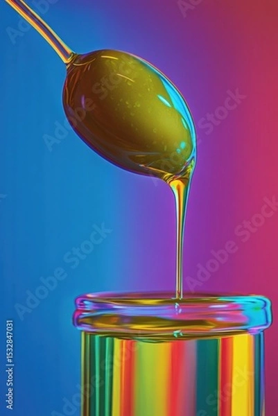 Obraz Close-up of a green olive dripping golden oil into a glass jar with vibrant pop art neon lighting on a gradient background
