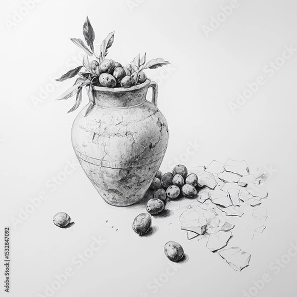 Obraz Ancient amphora filled with olives and branches surrounded by broken pottery shards in a detailed pencil sketch style