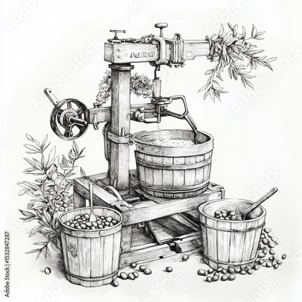 Obraz Detailed pencil sketch of an antique olive press machine with wooden buckets filled with olives and leafy branches scattered around