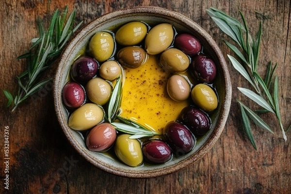 Obraz Bowl of assorted colorful olives in golden olive oil with rosemary sprigs on rustic wooden table