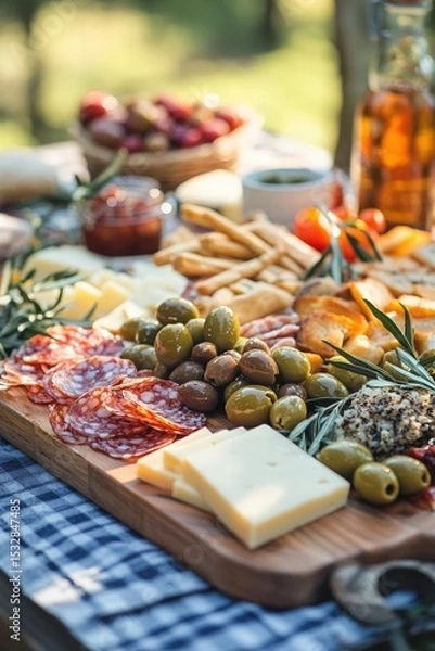 Obraz Charcuterie board with assorted olives, cheeses, meats, and breadsticks on an outdoor picnic table