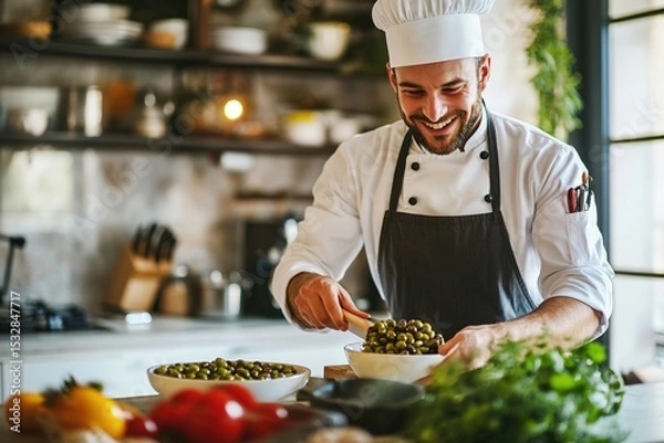 Obraz Smiling chef in professional kitchen preparing olive tapas with fresh green and black olives in ceramic bowls