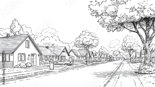 Fototapeta Quiet suburban street with houses, trees and perspective view in detailed engraving sketch landscape