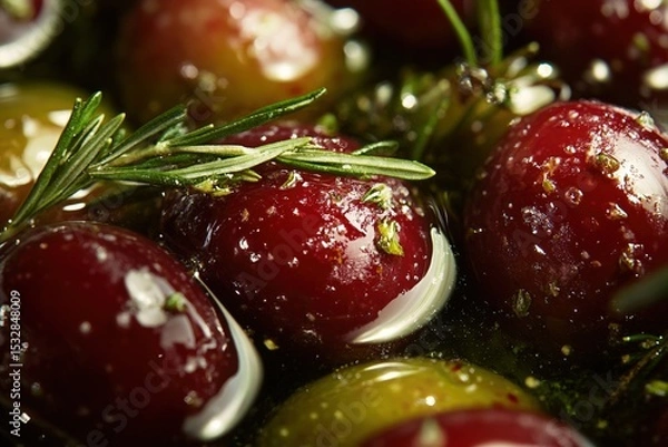 Obraz Glossy marinated red and green olives with rosemary and herbs in olive oil, extreme close-up with rich texture and shine