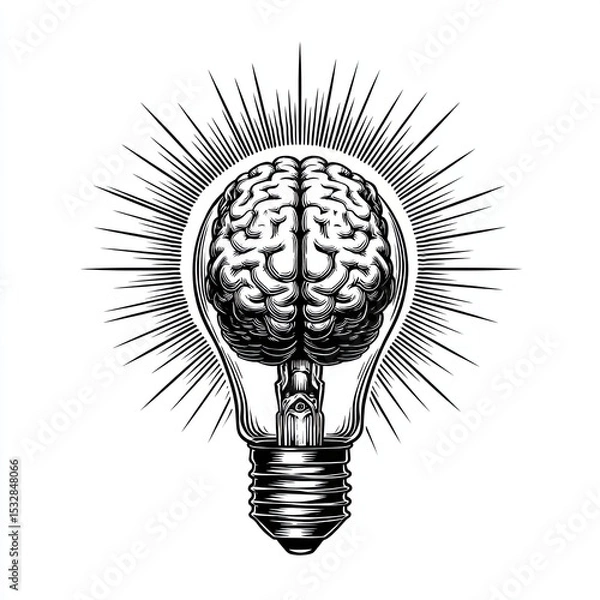 Fototapeta Light bulb with brain inside symbolizing creative thinking in surreal engraving sketch illustration style