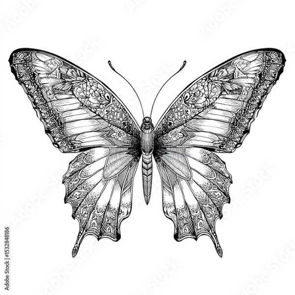 Fototapeta Detailed butterfly with decorative patterned wings in realistic style and fine engraving sketch drawing