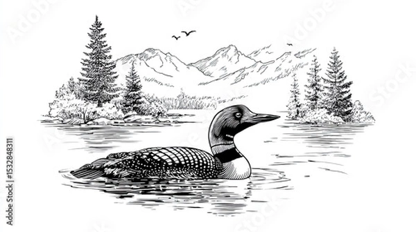 Fototapeta Mountain lake with swimming duck and pine trees in detailed engraving sketch of peaceful wild landscape