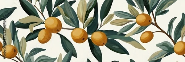 Obraz Seamless pattern of ripe yellow olives and green leaves on light background in stylized botanical illustration