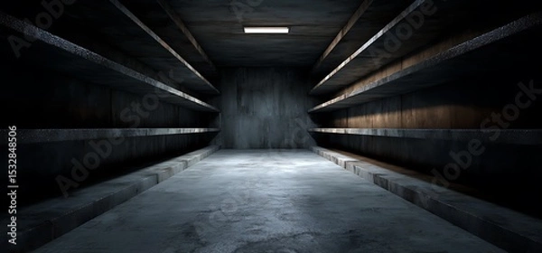 Fototapeta Dark futuristic tunnel with dramatic lighting and symmetrical architecture