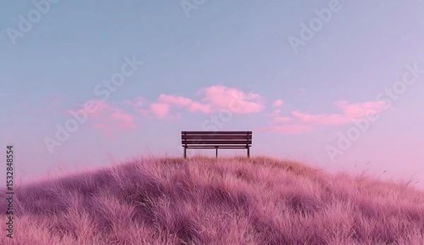 Fototapeta Dreamy pink and blue field landscape with empty wooden bench