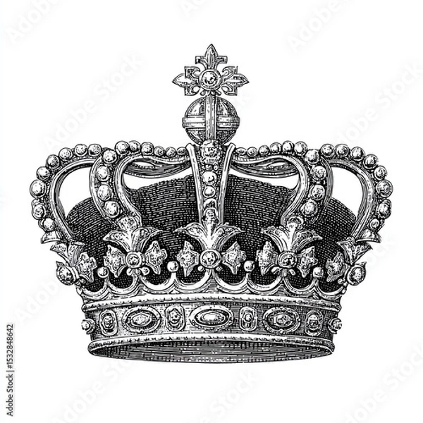 Fototapeta Royal crown with detailed ornamental design and gemstones in vintage engraving sketch of monarchy power