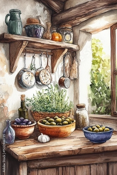 Obraz Rustic Mediterranean kitchen scene with bowls of olives, herbs, and pottery captured in soft watercolor style