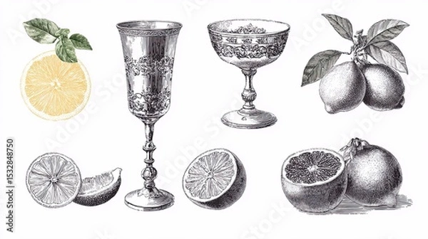 Fototapeta Collection of citrus fruits and vintage glasses in elegant composition with engraving sketch illustration