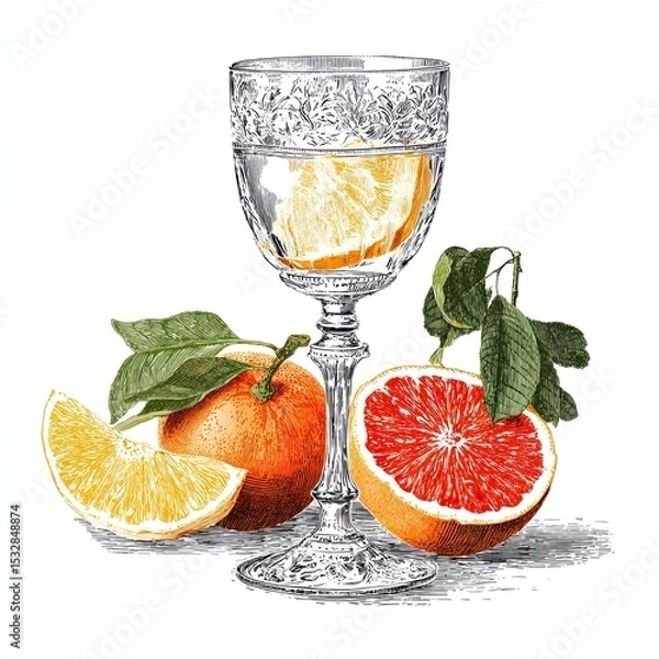 Fototapeta Vintage glass with citrus fruits including orange lemon and grapefruit in detailed engraving sketch style