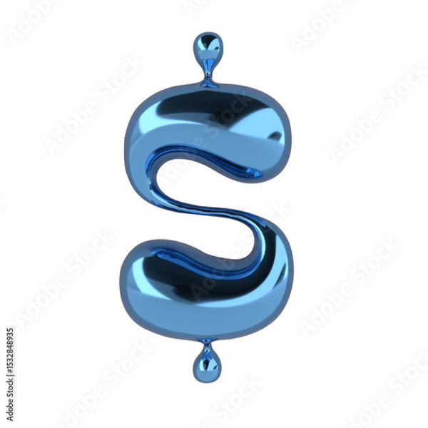 Obraz 3D render of S-shaped sculpture is floating on transparent background, showing metallic blue finish