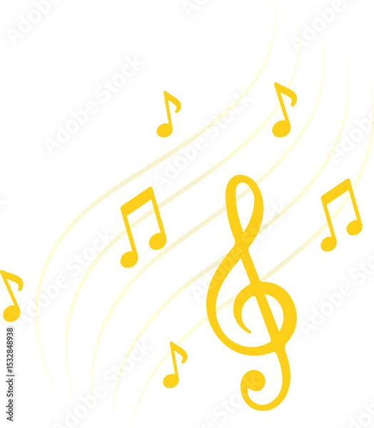 Fototapeta Flat design showing treble clef with floating notes on curved staff lines, transparent background
