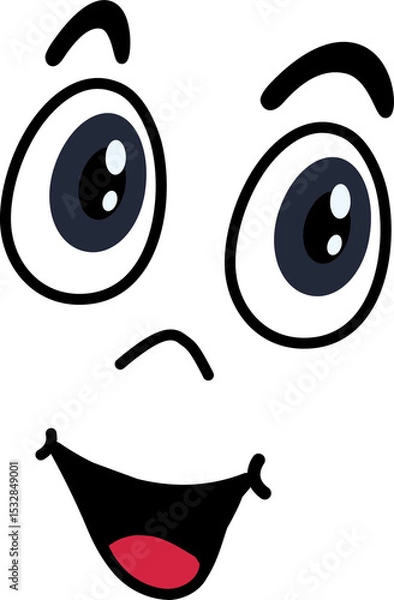 Obraz Stylized cartoon face emoticon showing exaggerated eyes and broad grin on transparent background