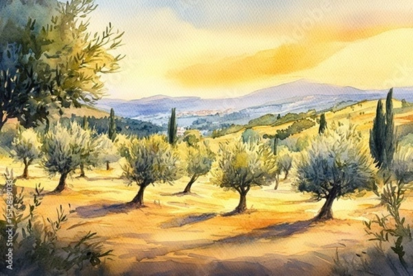 Obraz Watercolor illustration of a sunlit olive grove in a Mediterranean landscape with rolling hills and distant mountains