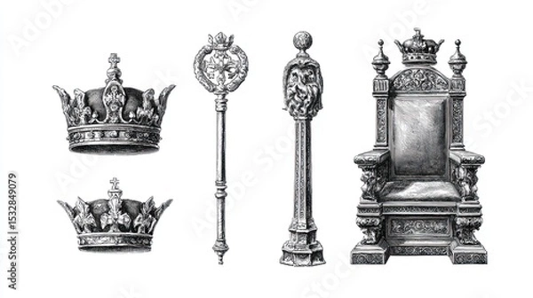 Fototapeta Royal symbols of monarchy including throne and crowns in antique style detailed engraving sketch drawing