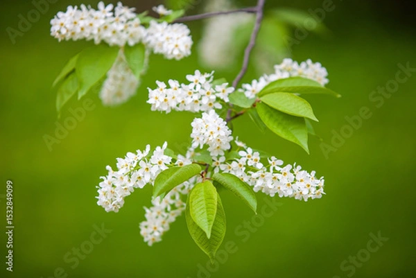 Fototapeta Bird cherry flowers close-up on a green background