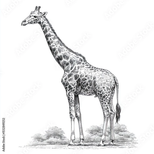 Fototapeta Engraving sketch of standing giraffe with detailed fur pattern and long neck in vintage black and white style
