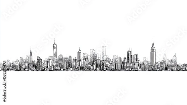 Fototapeta Sketch engraving of panoramic city skyline with modern and historic skyscrapers in black and white style