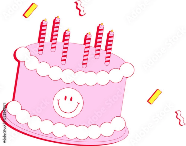 Fototapeta Vector pink two-tier cake is floating on transparent backdrop with lit striped candles and confetti