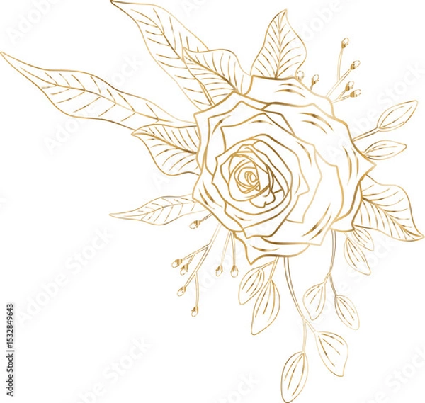 Obraz Flat gold-lined rose is appearing as corner accent with leaves and buds transparent background