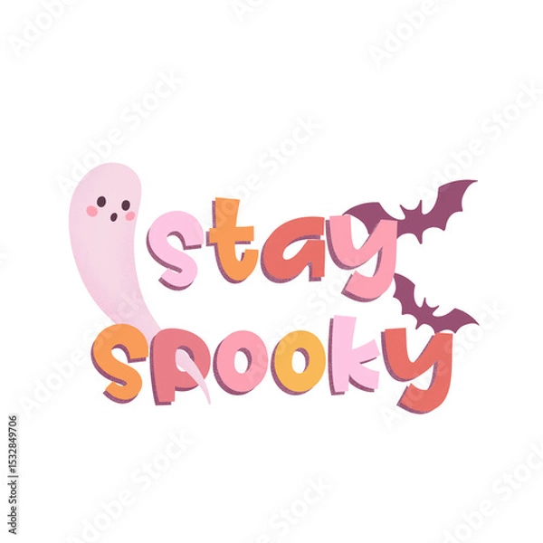 Fototapeta Ghost is floating beside flat-style Halloween text, purple bats, transparent background