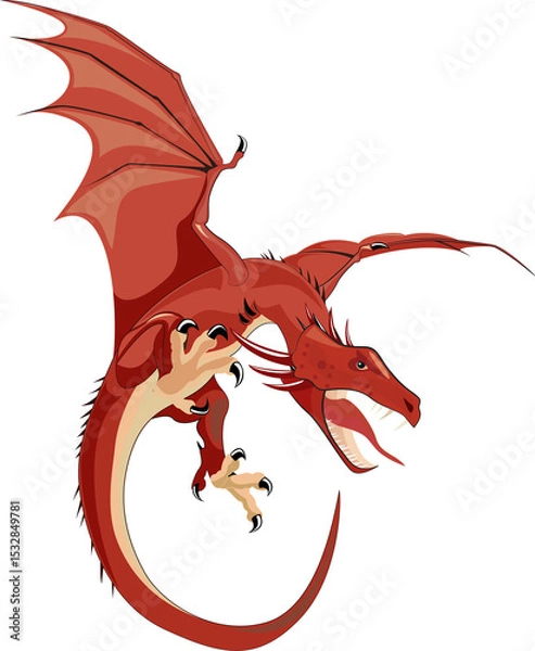 Fototapeta Flat design red dragon is flying with scales, bat wings and sharp claws on transparent background