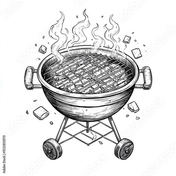 Fototapeta Sketch engraving of round charcoal grill with smoking meat and falling briquettes in vintage style