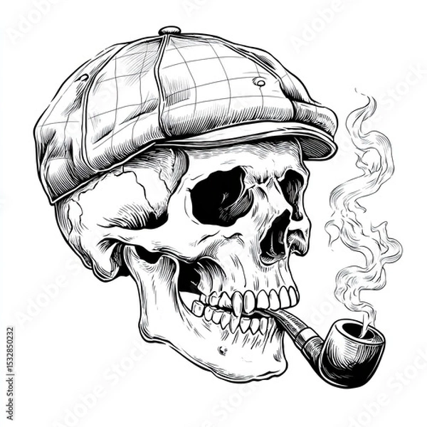 Fototapeta Sketch engraving of skull wearing flat cap and smoking pipe with curling smoke in vintage tattoo style