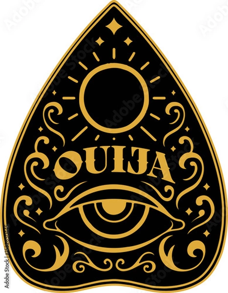 Fototapeta Featuring flat Ouija planchette with occult celestial motifs, eye symbol on transparent background