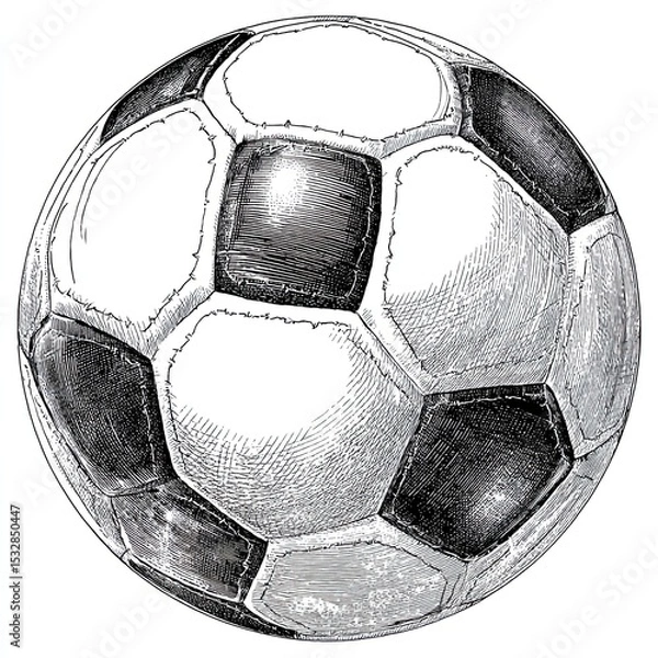 Fototapeta Sketch engraving of traditional black and white soccer ball in vintage style with detailed texture and lines