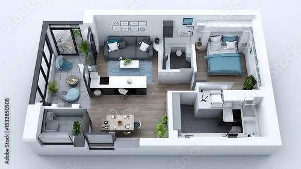Fototapeta Isometric 3d apartment interior floor layout with furniture and decor elements