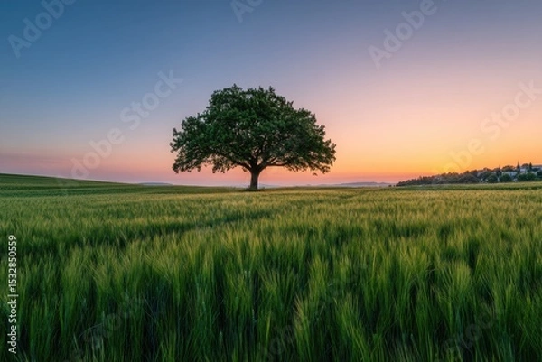 Fototapeta Solitary tree in vibrant green field at sunset, soft light paints the sky in pink and blue hues, gentle slope leading to distant horizon