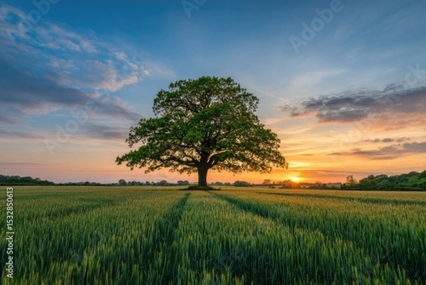 Fototapeta Solitary oak tree in a vibrant green field at sunset, with a colorful sky filled with clouds