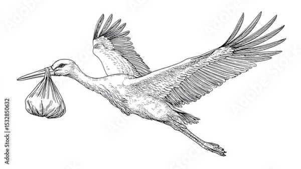 Fototapeta Sketch engraving of flying stork carrying baby bundle in beak in classic vintage black and white style