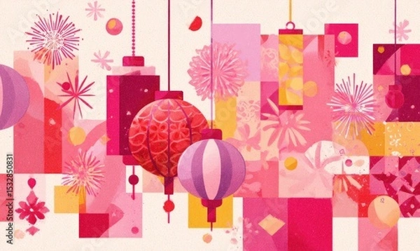 Fototapeta Festive illustration featuring pink and red geometric shapes, hanging lanterns, fireworks, and floral motifs, suggesting a celebratory occasion